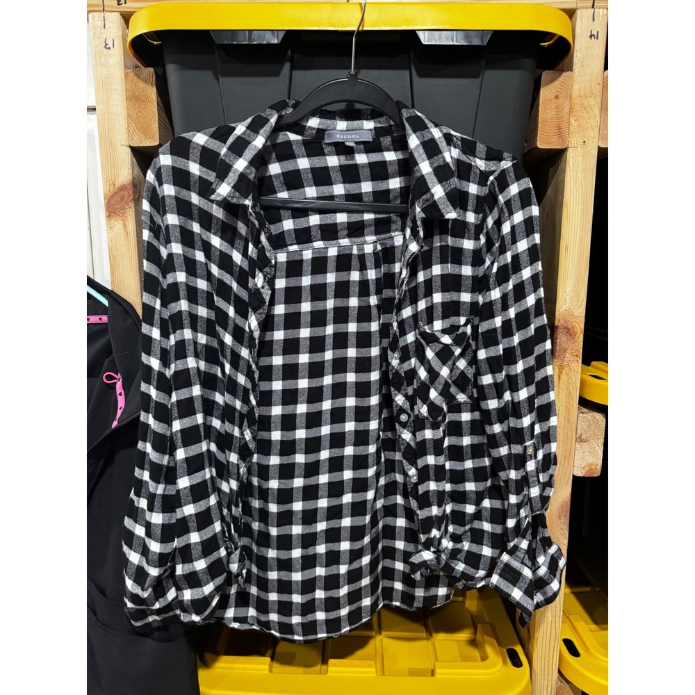 BECOOL Womens Large Black White Buffalo Plaid Button Down Flannel Shirt